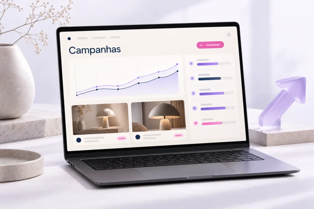 Ilustração de planejamento de campanhas com peças criativas e gráficos sem valores reais.