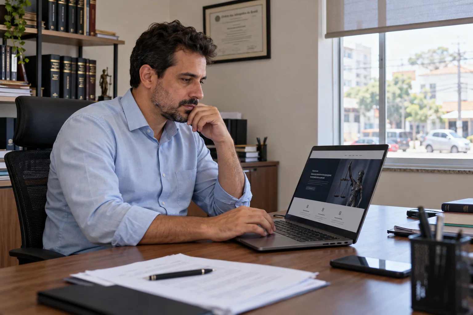 Advogado em escritório brasileiro simples observando um site no notebook.