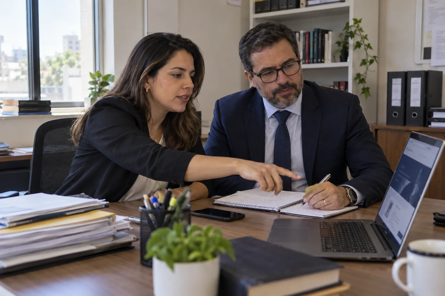Profissionais de advocacia organizando informações do site em uma mesa de escritório.