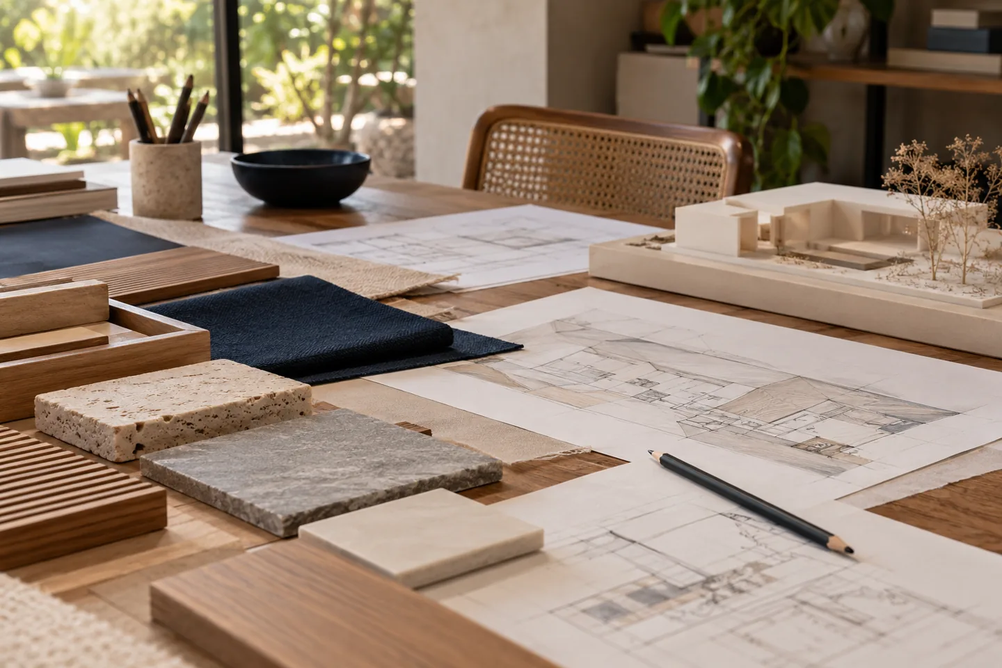Amostras de materiais e estudo de projeto sobre uma mesa de arquitetura.