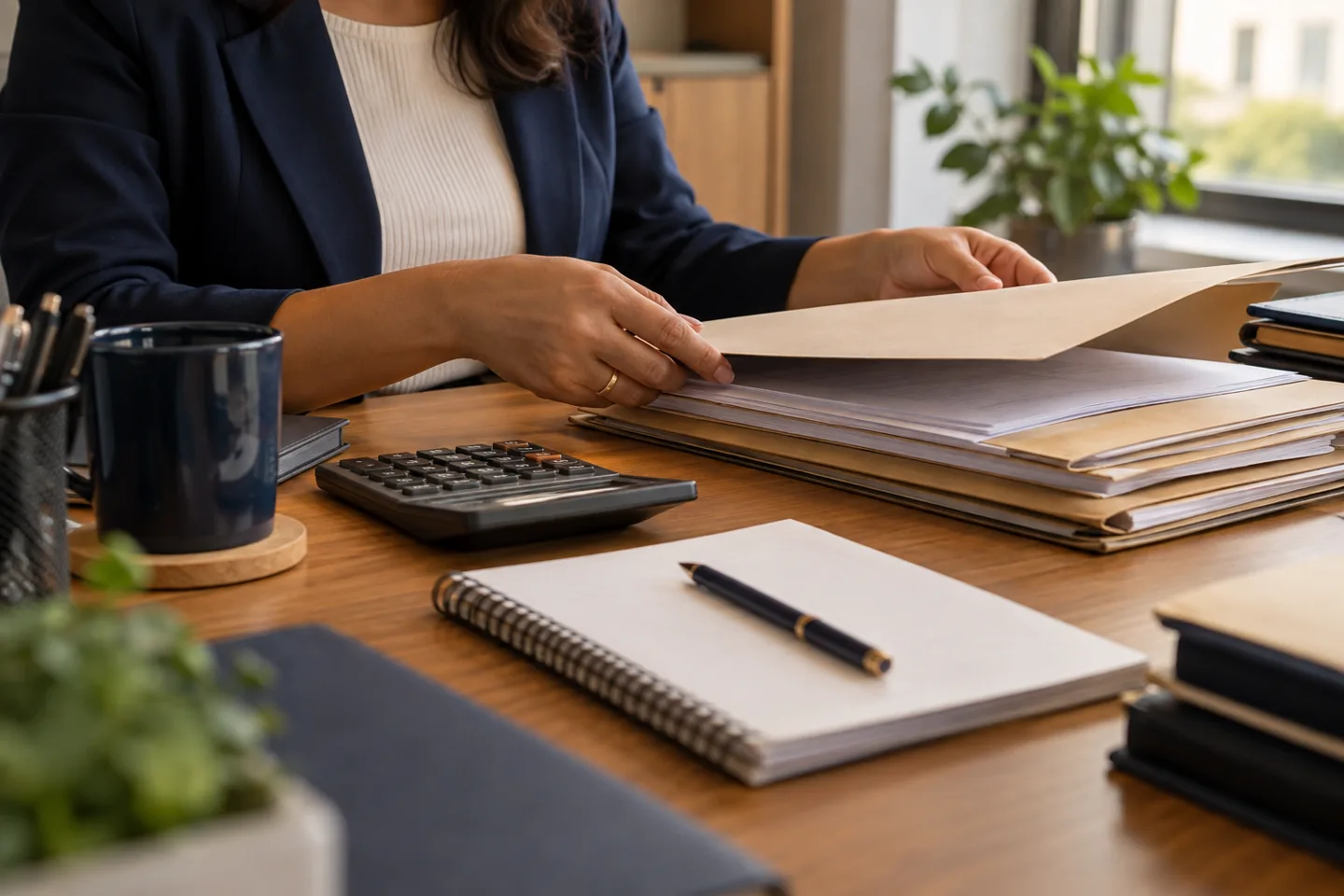 Organização de documentos e calculadora em um escritório contábil.
