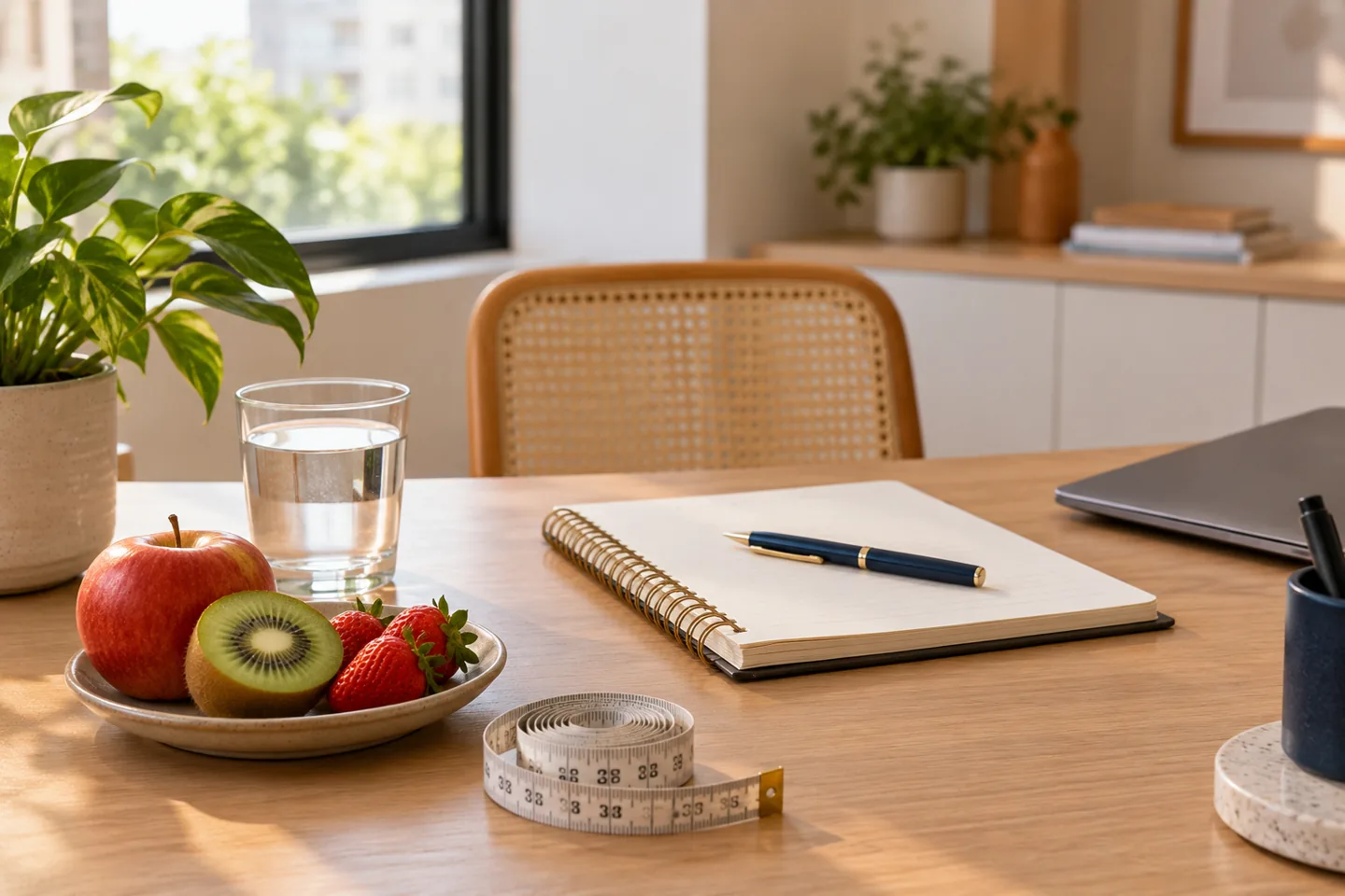 Detalhes de uma mesa de atendimento nutricional com caderno e alimentos frescos.