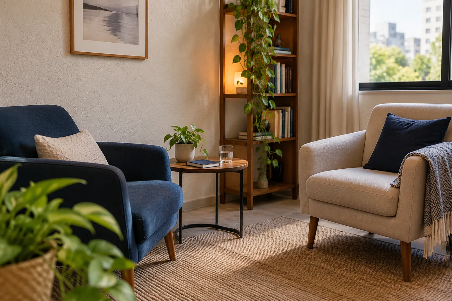 Ambiente acolhedor de consultório de psicologia, com poltronas e luz natural.