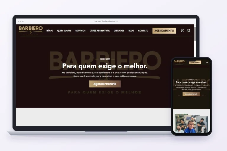 Site real de Barbiero Barbearia, cliente da Axis, exibido em computador e celular.