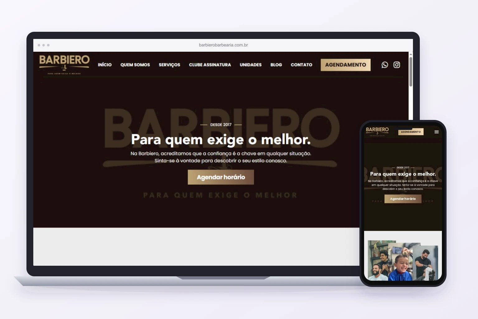 Site real de Barbiero Barbearia, cliente da Axis, exibido em computador e celular.