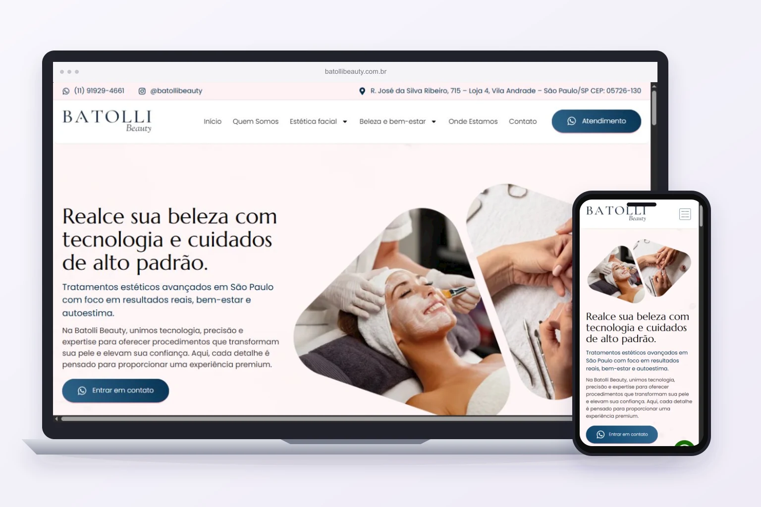 Site real da Batolli Beauty, projeto da Axis, exibido em computador e celular.