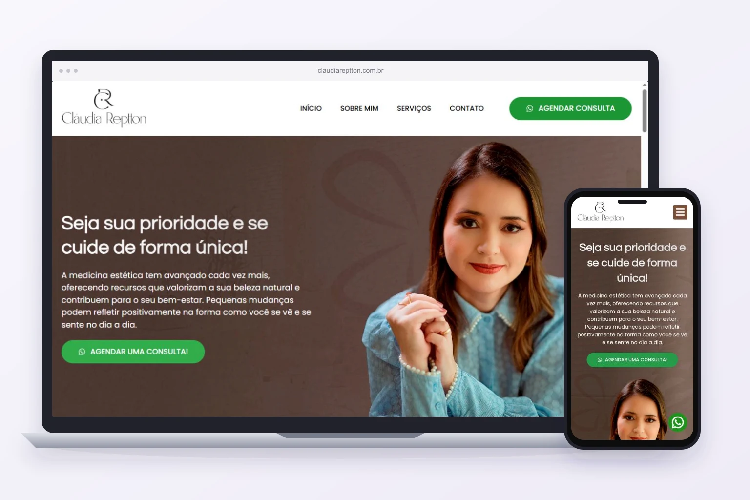 Site real de Cláudia Reptton, cliente da Axis, exibido em computador e celular.