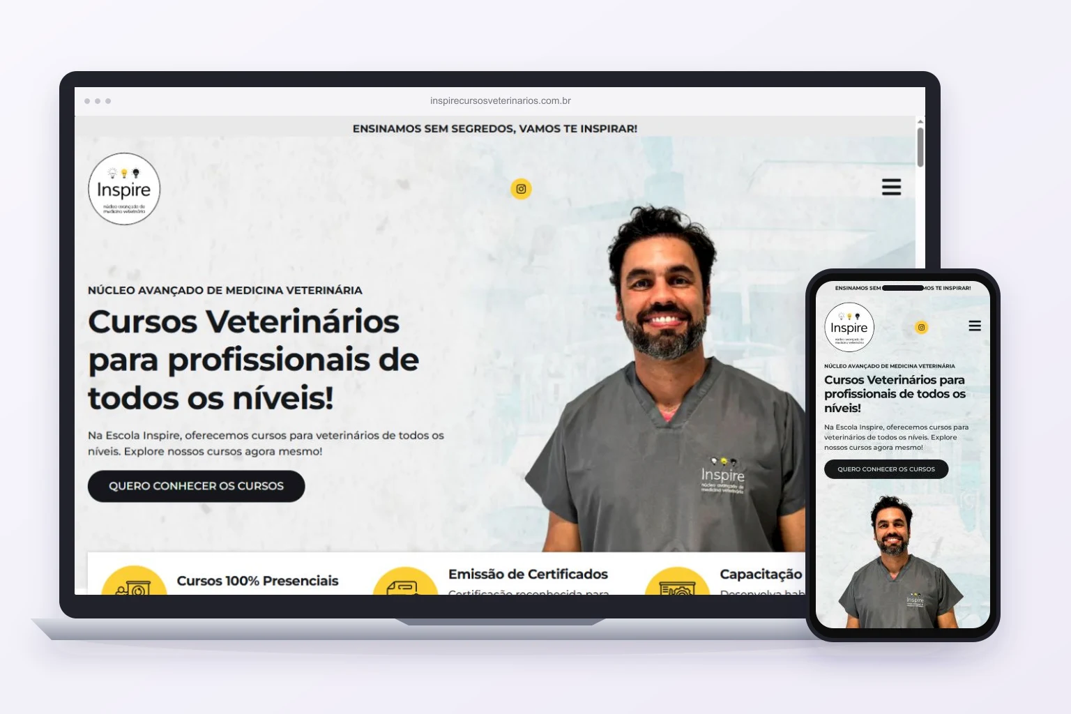 Site real de Inspire Cursos Veterinários, cliente da Axis, exibido em computador e celular.