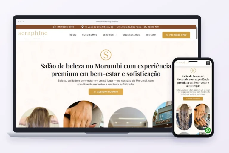 Site real de Seraphine Beauty, cliente da Axis, exibido em computador e celular.