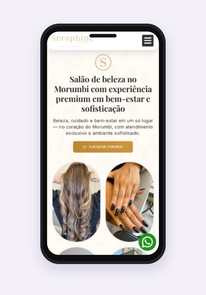 Site real de Seraphine Beauty, cliente da Axis, exibido em um celular.