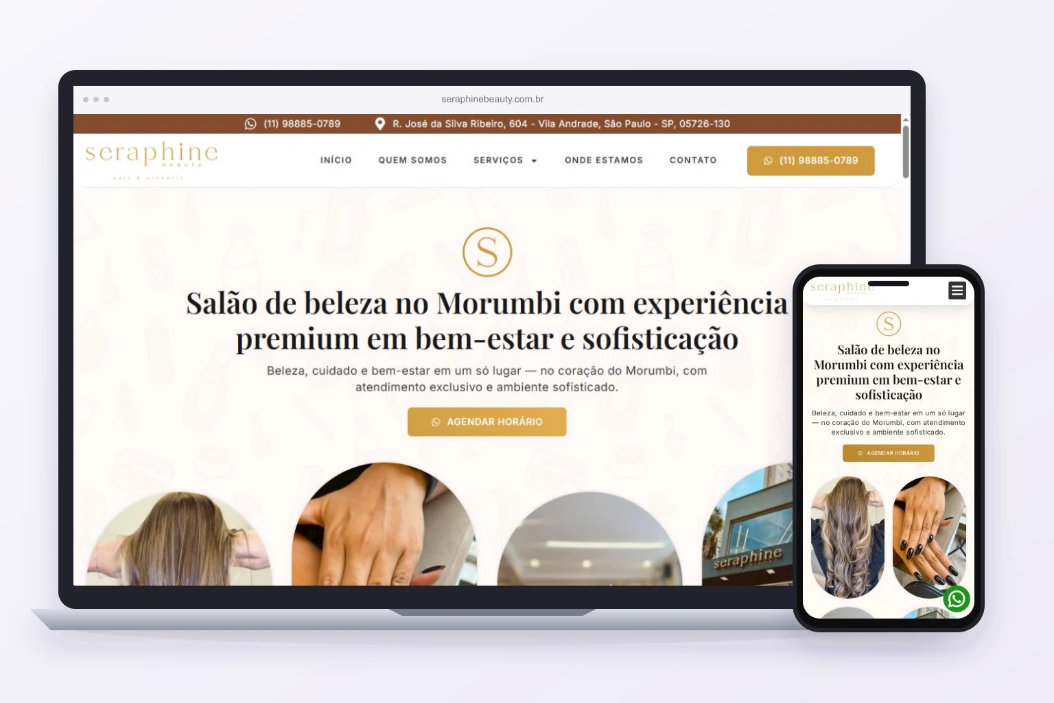 Site real de Seraphine Beauty, cliente da Axis, exibido em computador e celular.