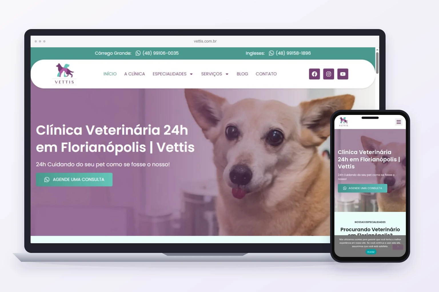 Site real de Vettis, cliente da Axis, exibido em computador e celular.