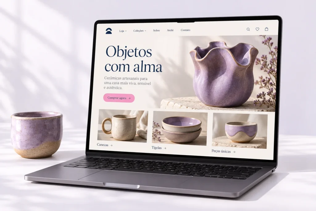 Mockup ilustrativo de loja virtual de cerâmicas em um notebook.