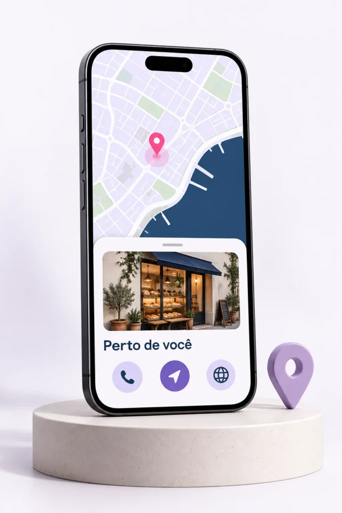 Mockup ilustrativo de mapa no celular com ações de ligar, traçar rota e acessar o site.