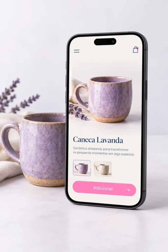 Mockup ilustrativo de página de produto com botão de compra no celular.