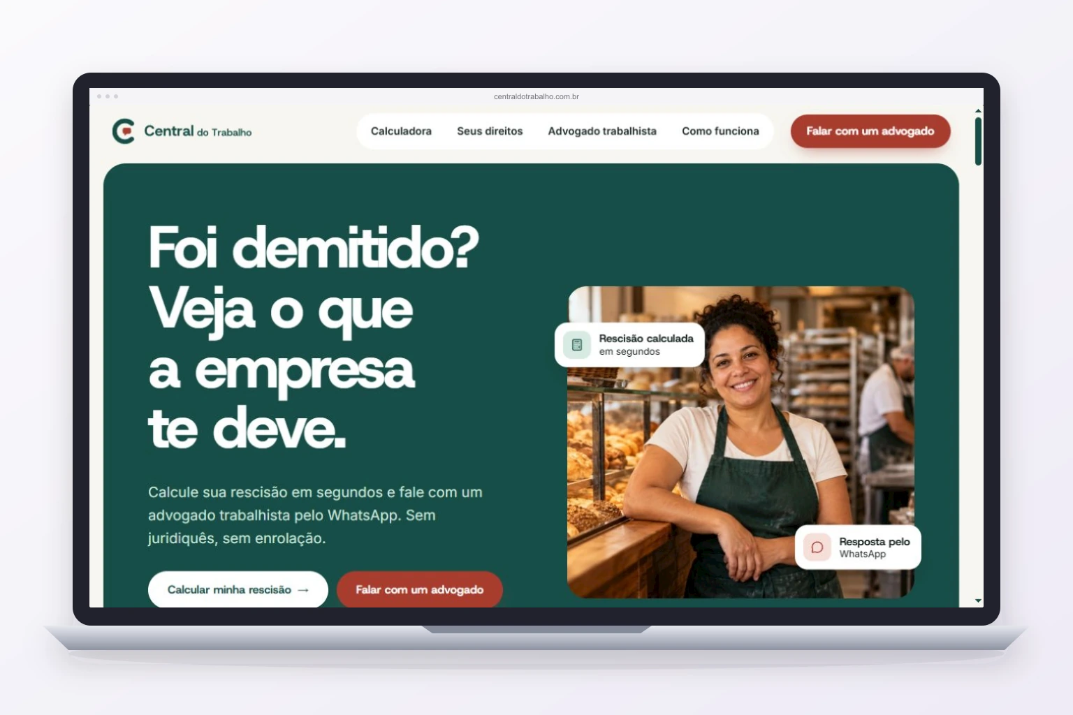 Site da Central do Trabalho exibido em mockup de notebook.