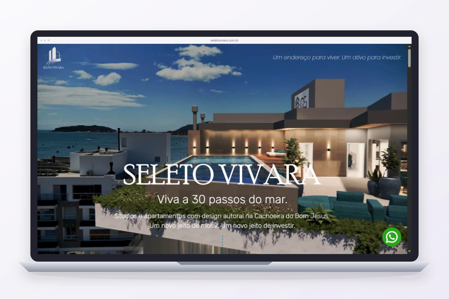 Site do empreendimento Seleto Vivara apresentado em mockup de notebook.