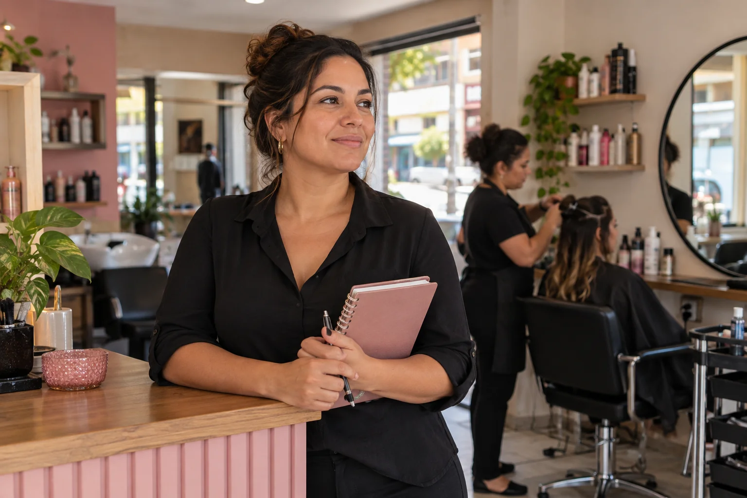 Proprietária na recepção de um salão de beleza brasileiro.