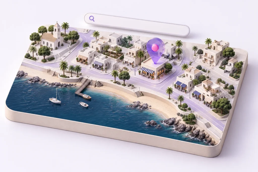 Ilustração de busca local com mapa de bairro costeiro e marcador de localização.
