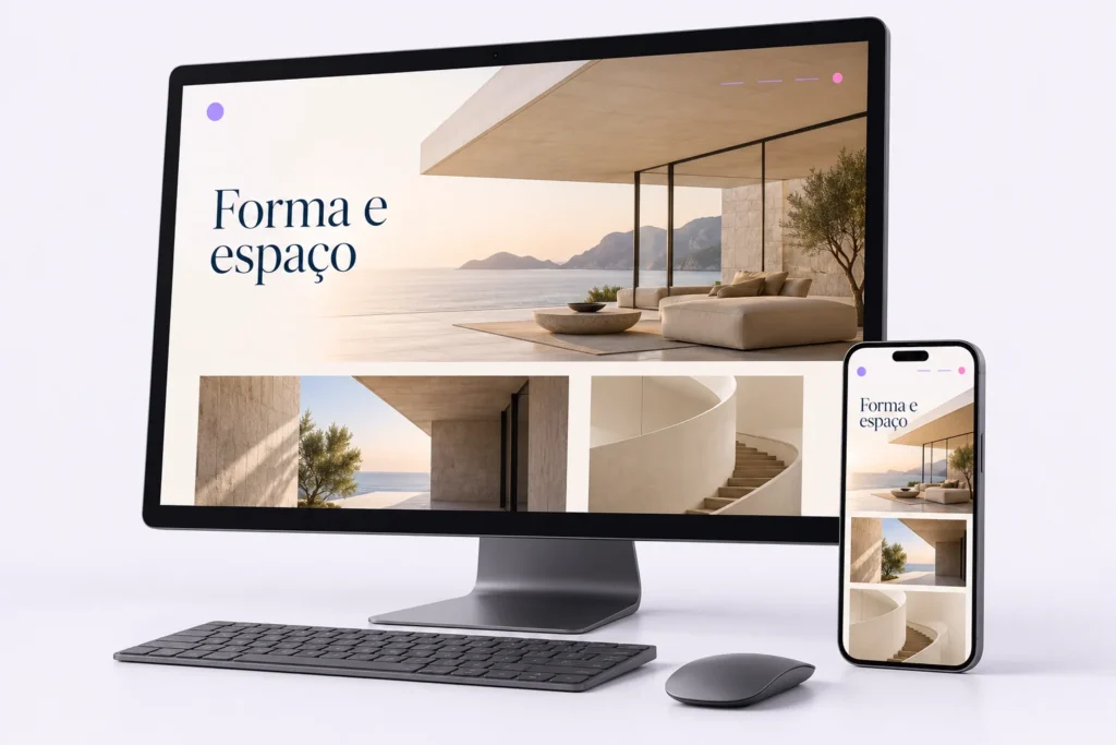 Mockup ilustrativo de site de arquitetura em computador e celular.