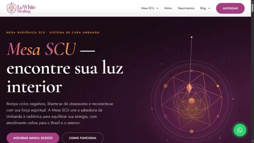 Página inicial do site Lu White Healing, com identidade em magenta e apresentação da Mesa SCU.